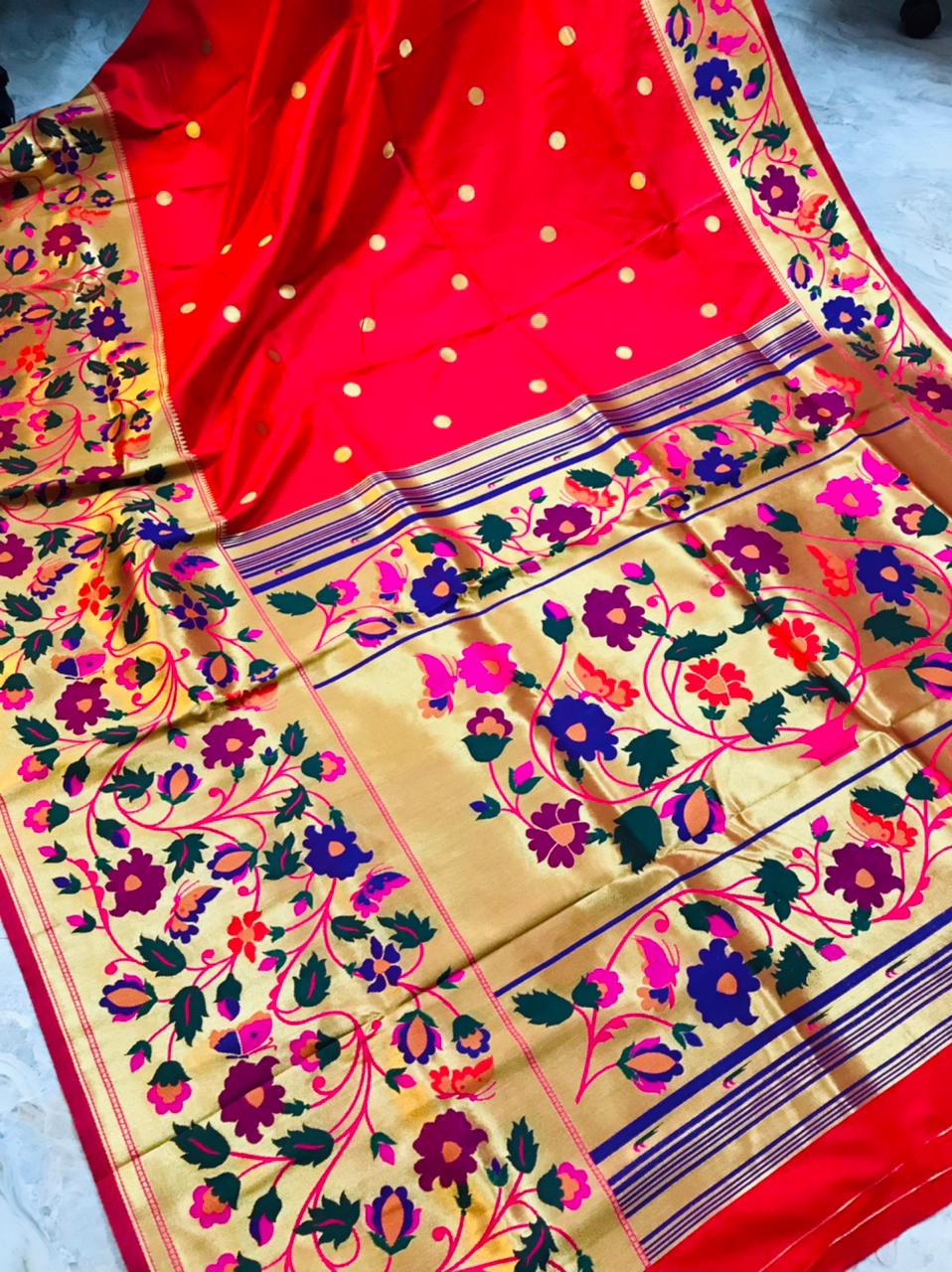 Most Stunning Red Paithani Silk Saree With Sizzling Blouse Piece