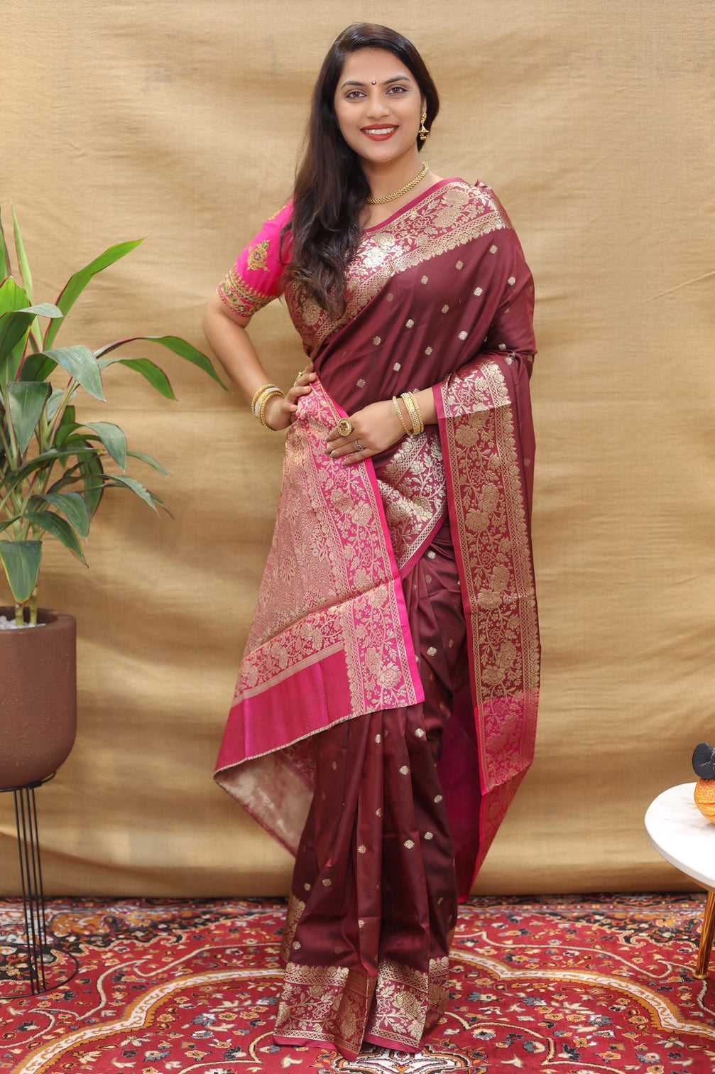 Ailurophile Maroon Soft Banarasi Silk Saree With Girlish Blouse Piece