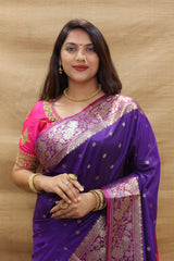 Glorious Purple Soft Banarasi Silk Saree With Elegant Blouse Piece
