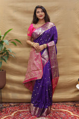 Glorious Purple Soft Banarasi Silk Saree With Elegant Blouse Piece