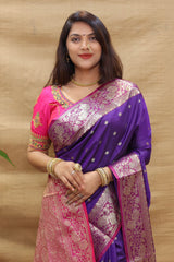 Glorious Purple Soft Banarasi Silk Saree With Elegant Blouse Piece
