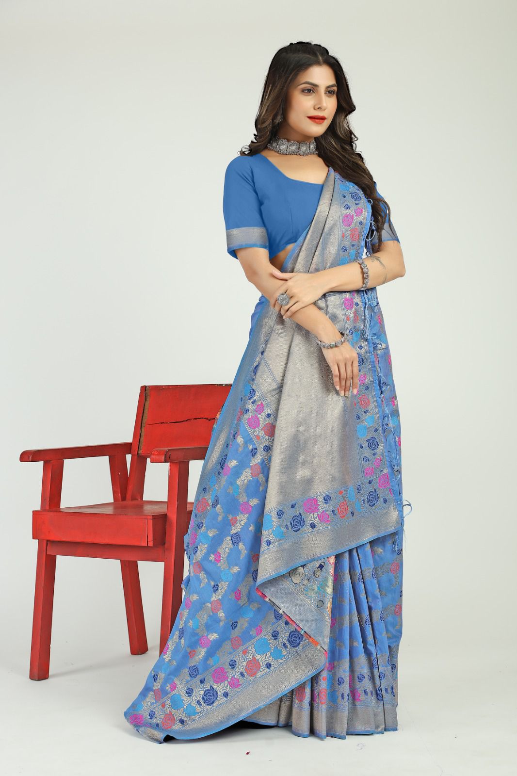 Amazing Firozi Linen Silk Saree With Sophisticated Blouse Piece