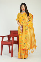Alluring Yellow Linen Silk Saree With Skinny Blouse Piece