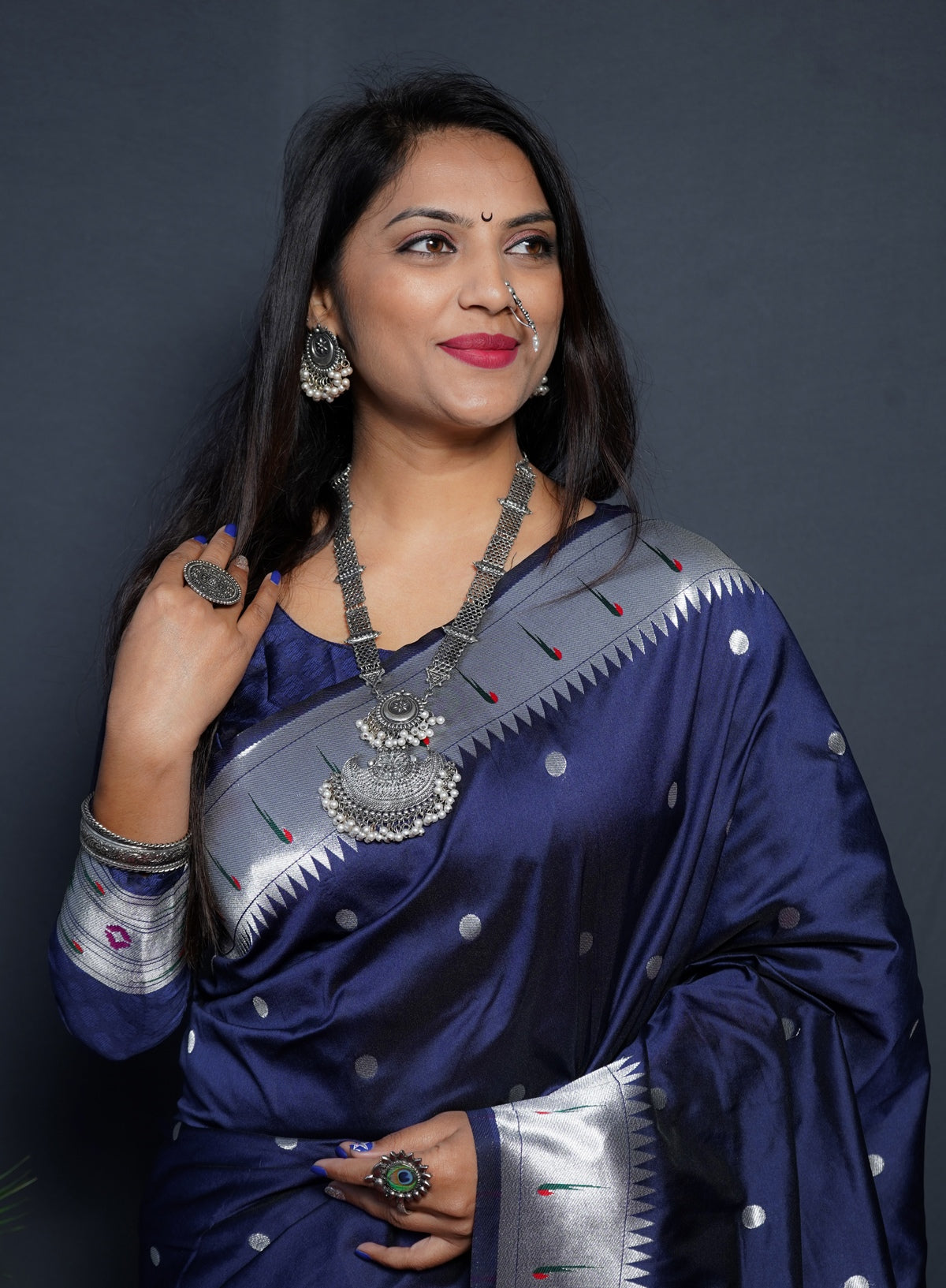Angelic Navy Blue Paithani Silk Saree With Angelic Blouse Piece