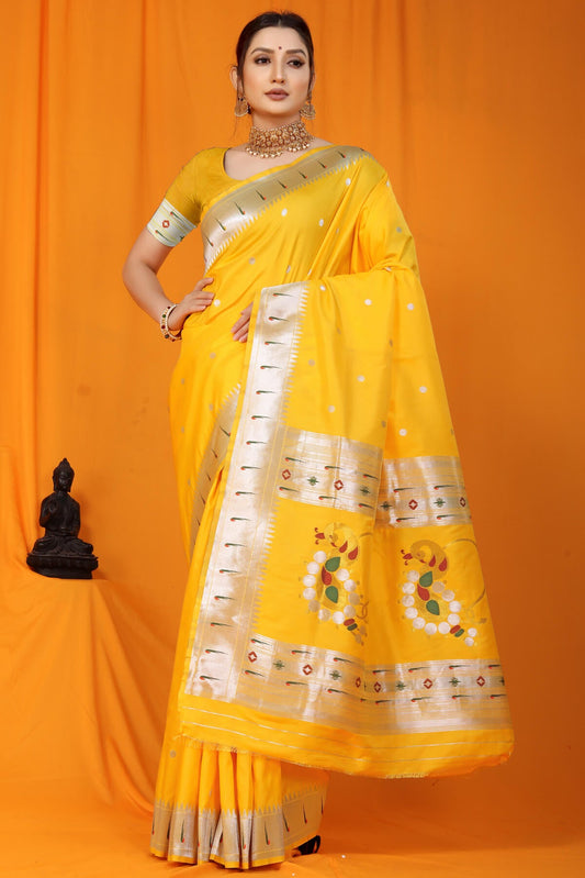 Improbable  Yellow Paithani Silk Saree With Nemesis Blouse Piece