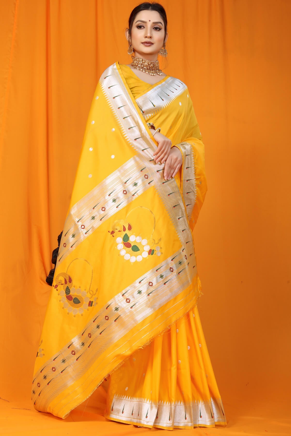 Improbable  Yellow Paithani Silk Saree With Nemesis Blouse Piece
