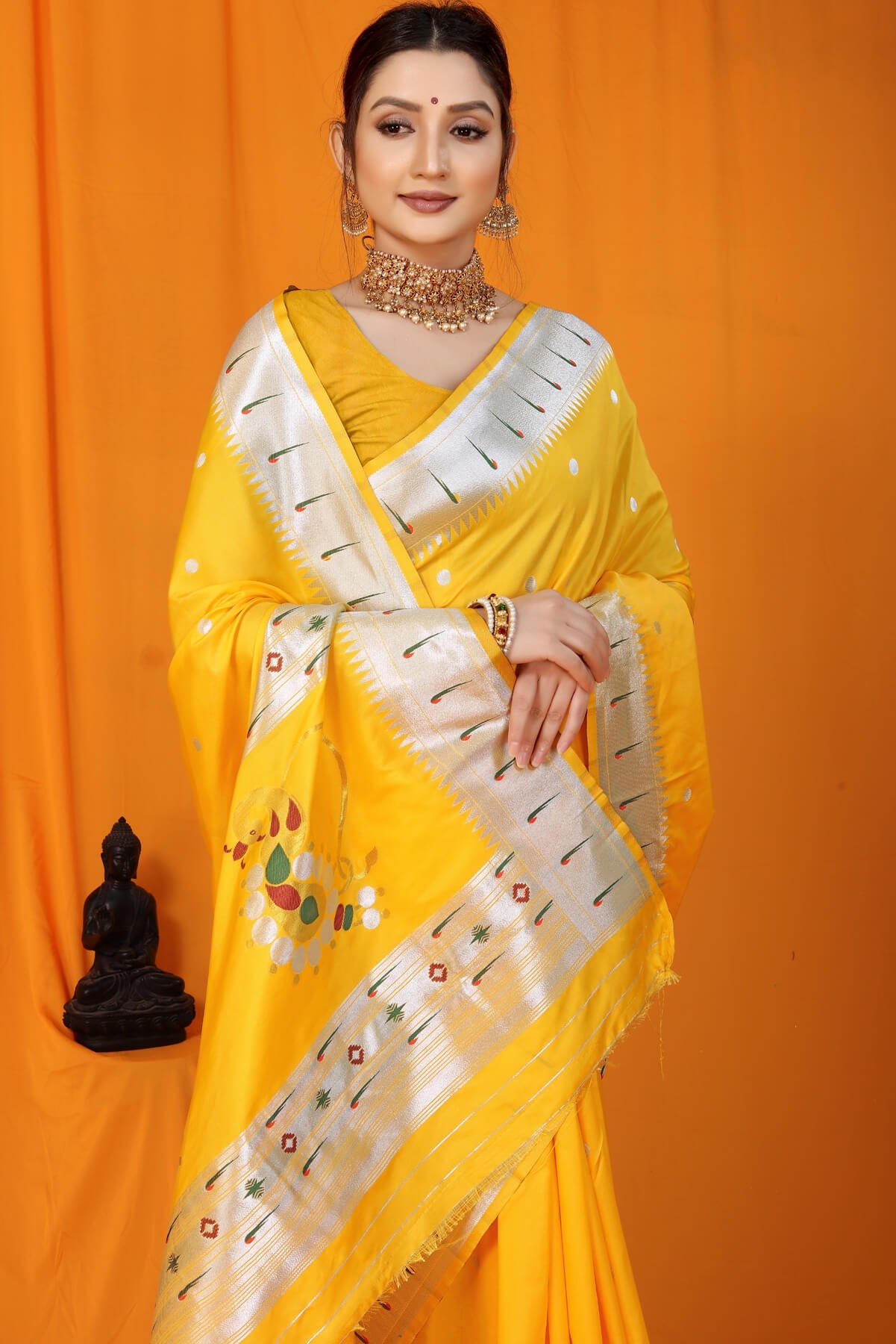 Improbable  Yellow Paithani Silk Saree With Nemesis Blouse Piece