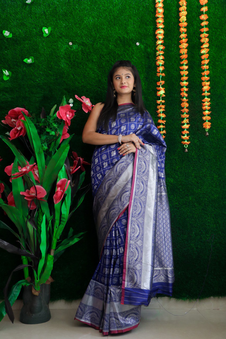 A glam Blue Banarasi Silk Saree With Classic Blouse Piece