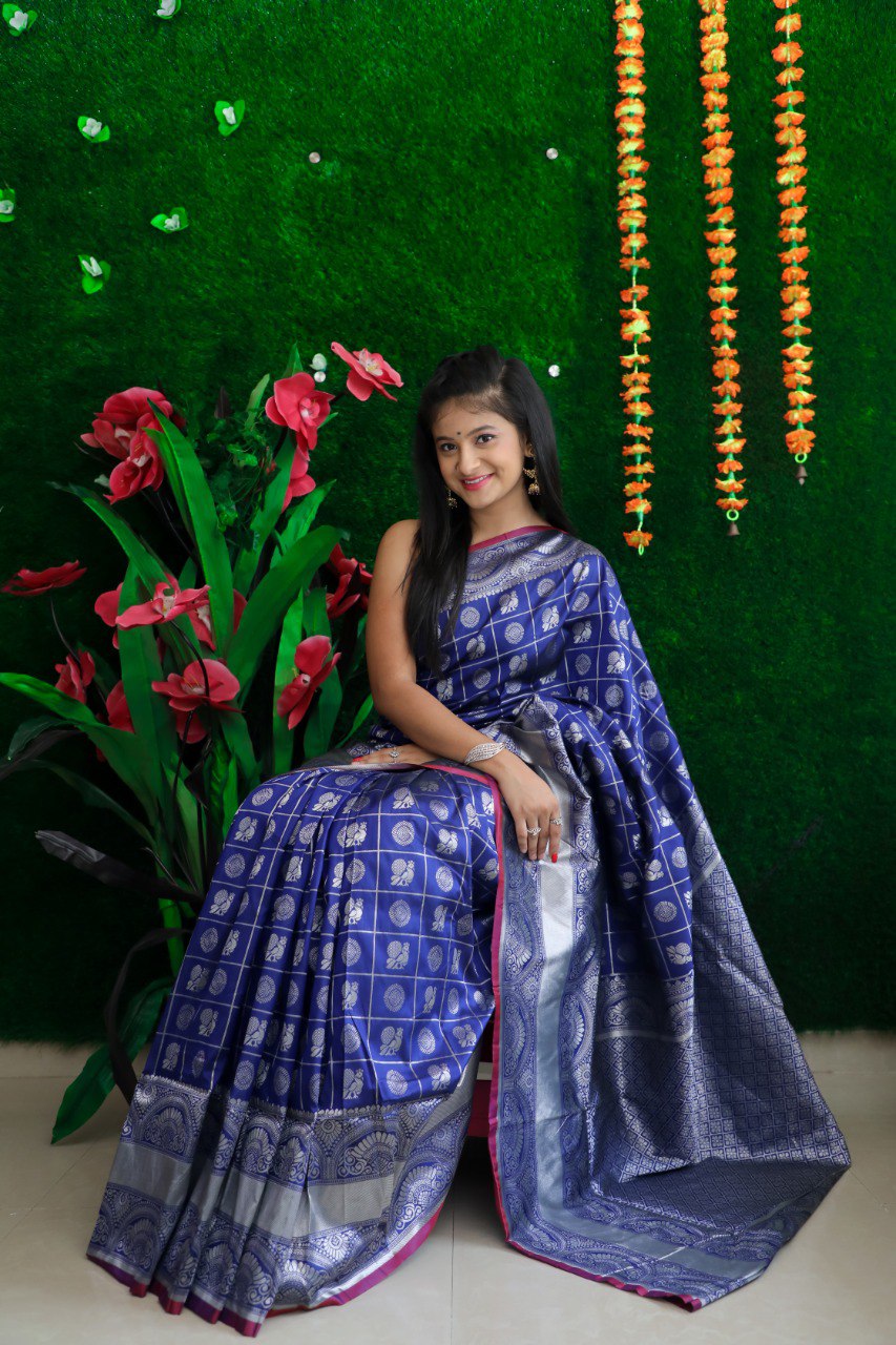 A glam Blue Banarasi Silk Saree With Classic Blouse Piece