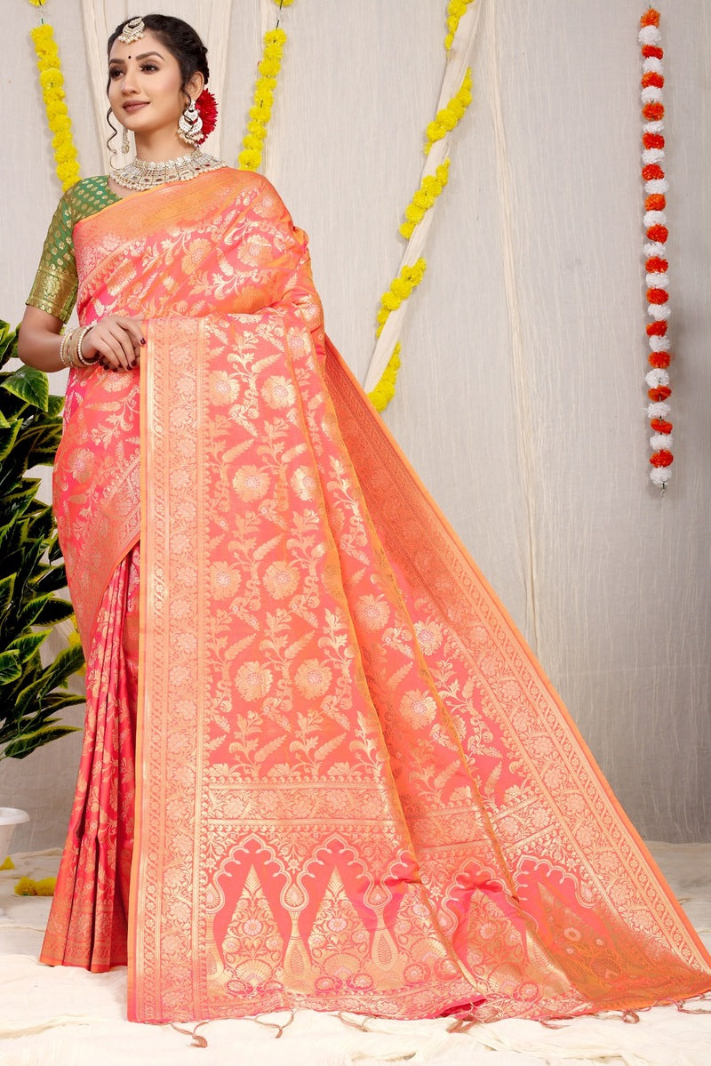 Gleaming Orange Soft Banarasi Silk Saree With Nemesis Blouse Piece