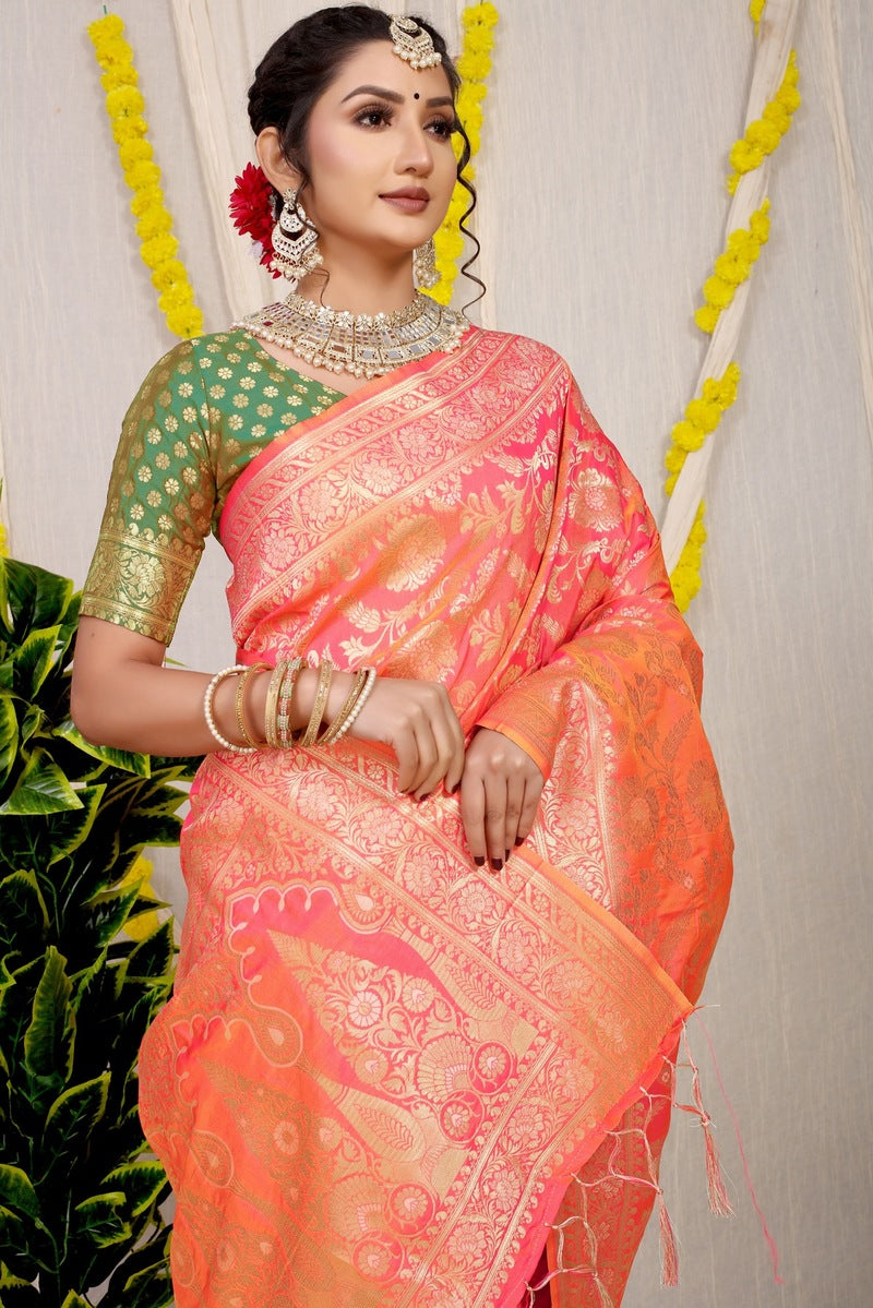 Gleaming Orange Soft Banarasi Silk Saree With Nemesis Blouse Piece