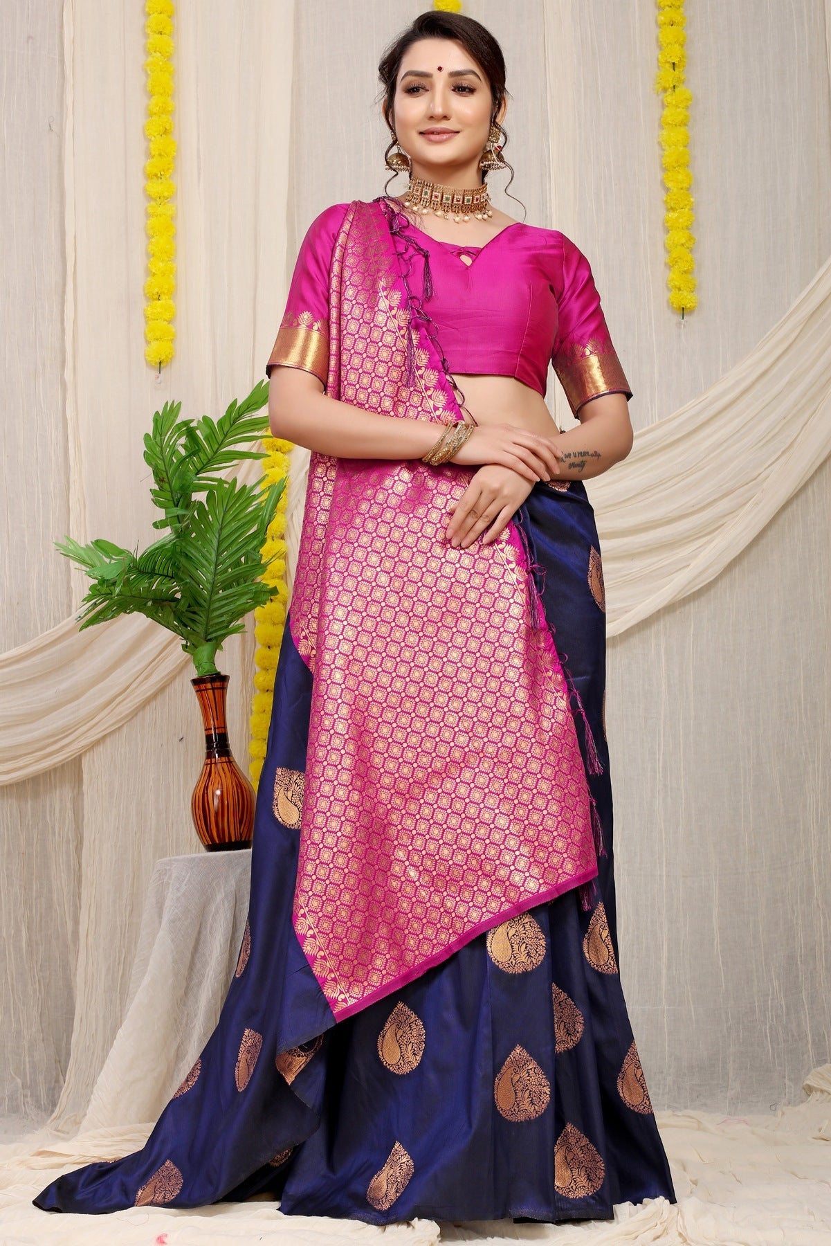 Outstanding Navy Blue Banarasi Silk Saree With Engrossing Blouse Piece
