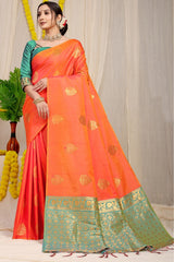 Appealing Peach Banarasi Silk Saree With Blooming Blouse Piece