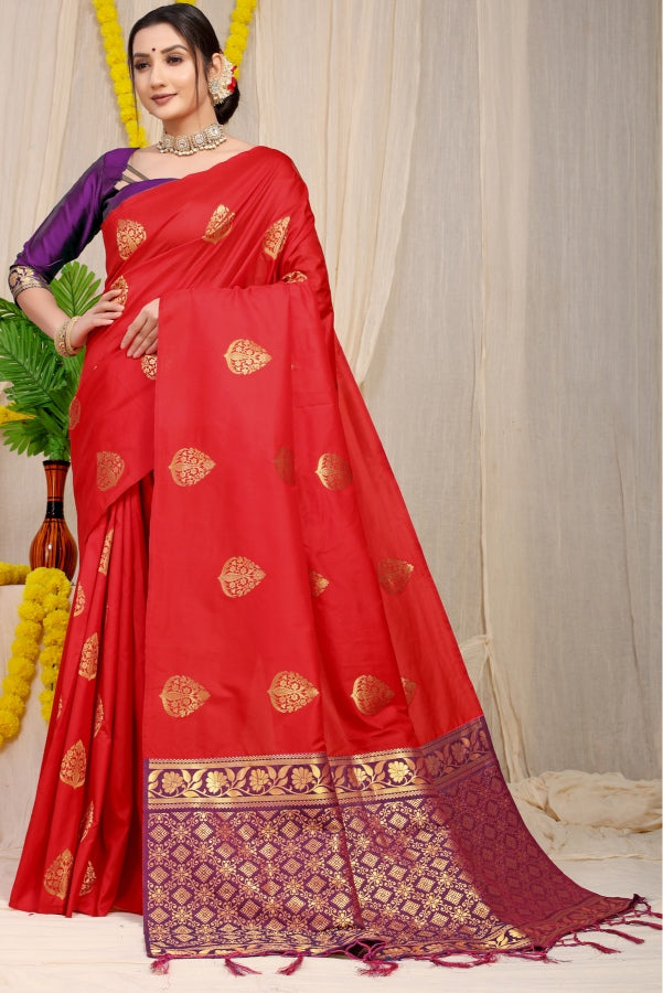 A dreamy Red Banarasi Silk Saree With Adoring Blouse Piece