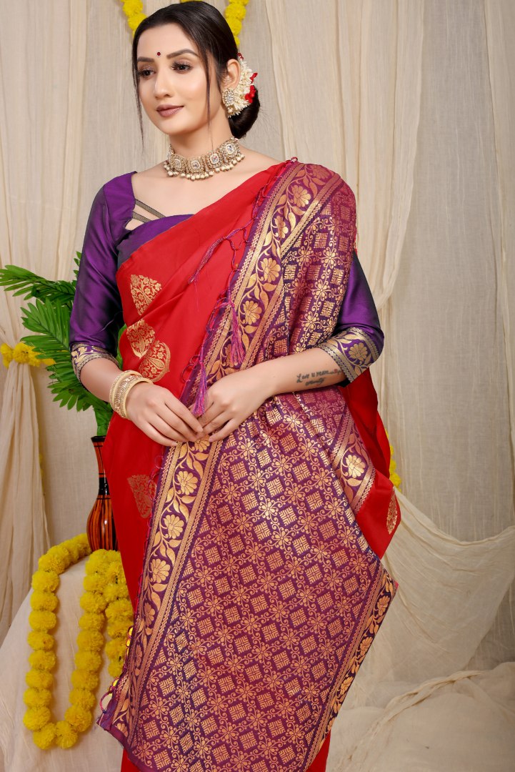 A dreamy Red Banarasi Silk Saree With Adoring Blouse Piece