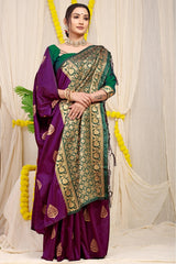 Angelic Wine Banarasi Silk Saree With Comely Blouse Piece