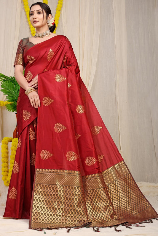 Glowing Maroon Soft Banarasi Silk Saree With Lissome Blouse Piece