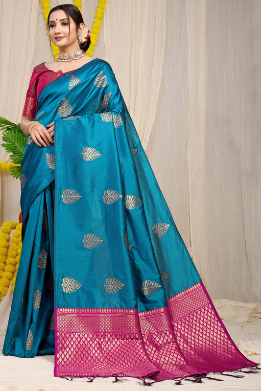 Excellent Teal Blue Soft Banarasi Silk Saree With Lissome Blouse Piece