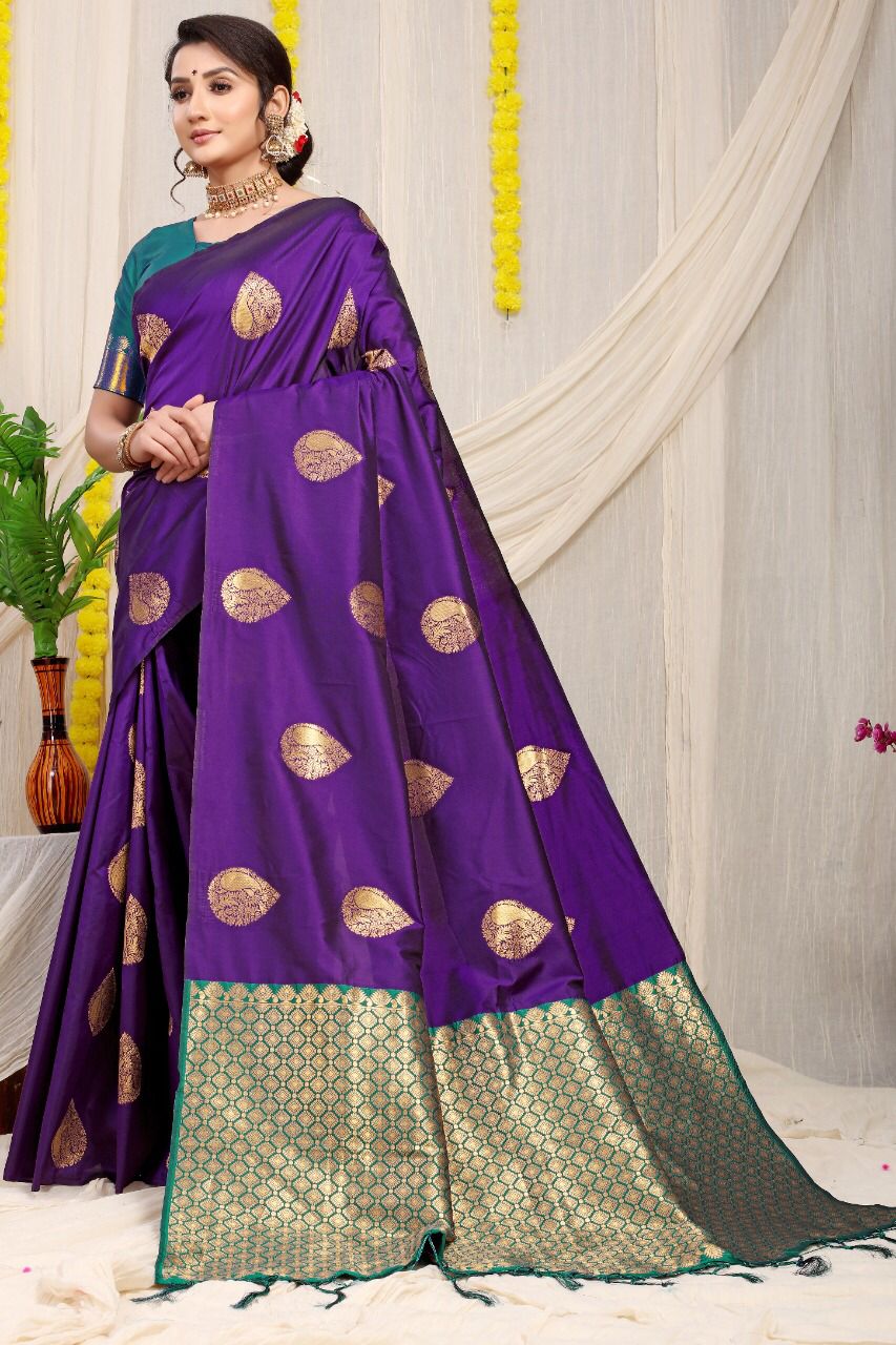 Stylish Royal Blue Banarasi Silk Saree With Adorable Blouse Piece