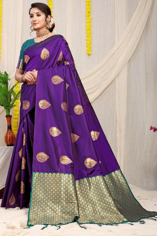 Stylish Royal Blue Banarasi Silk Saree With Adorable Blouse Piece