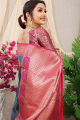 Imbrication Grey Kanjivaram Silk With Sizzling Blouse Piece