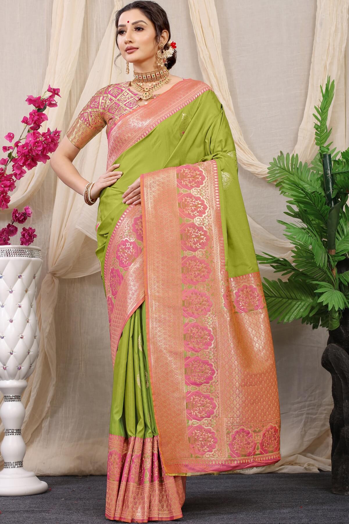 Lagniappe Mehndi Kanjivaram Silk With Sizzling Blouse Piece