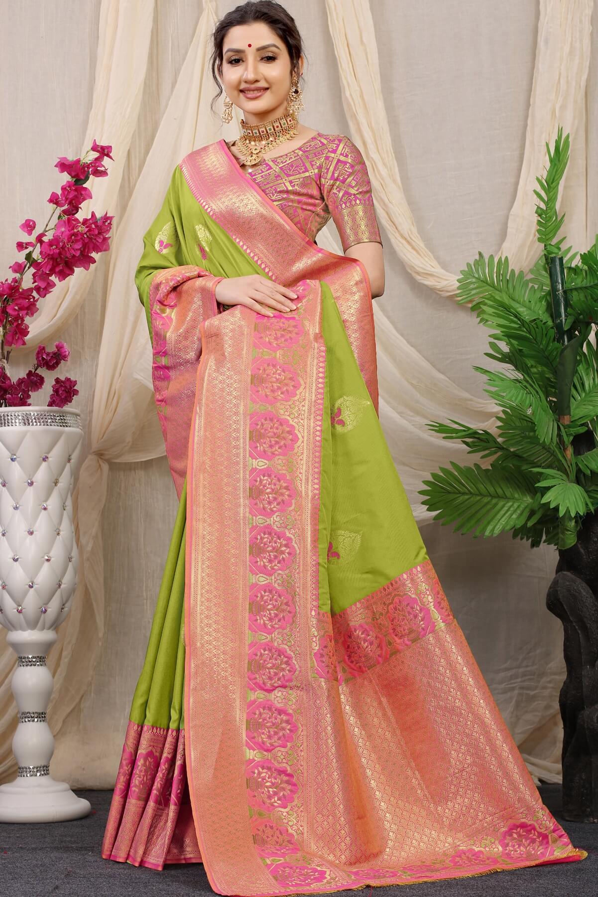 Lagniappe Mehndi Kanjivaram Silk With Sizzling Blouse Piece