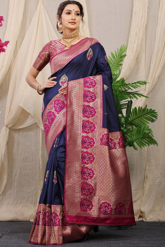 Lassitude Navy Blue Kanjivaram Silk With Sizzling Blouse Piece