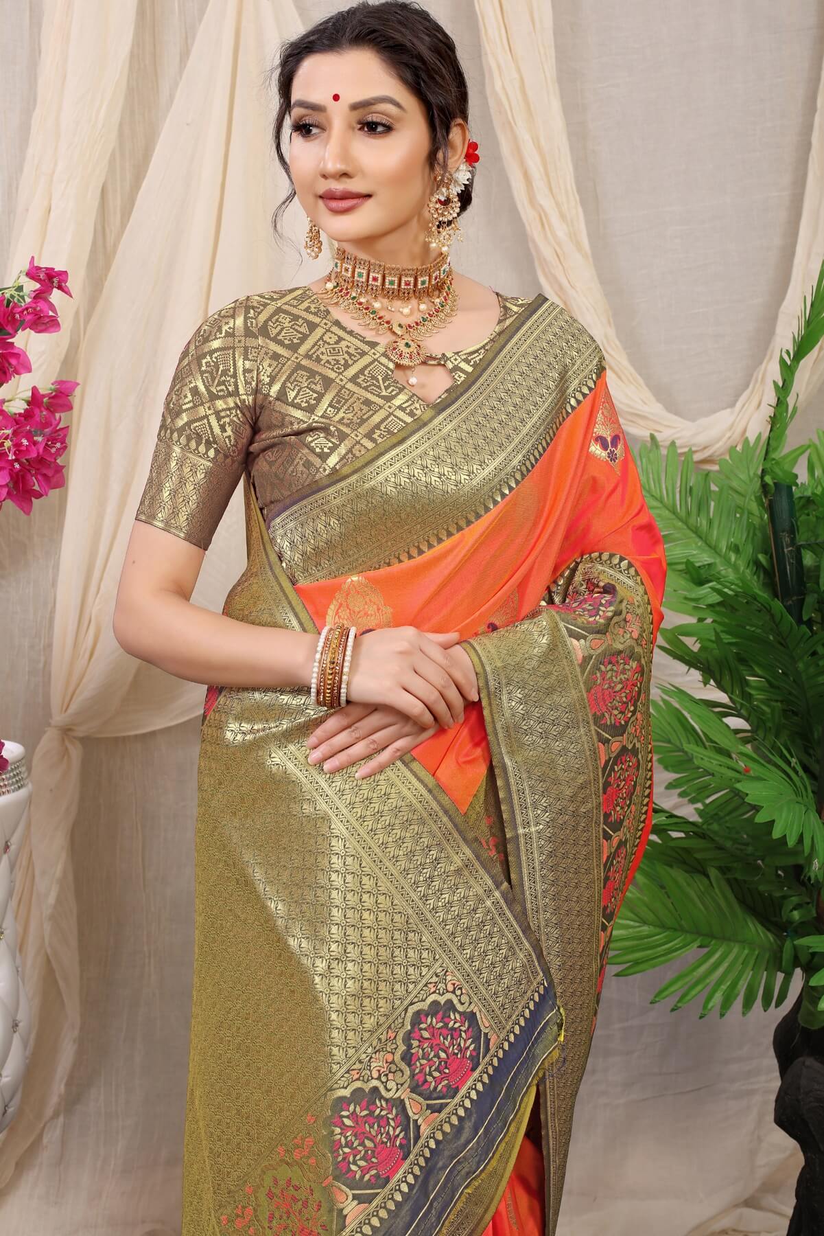 Lissome Peach Kanjivaram Silk With Sizzling Blouse Piece