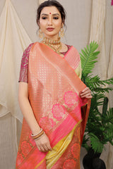 Palimpsest Yellow Kanjivaram Silk With Sizzling Blouse Piece