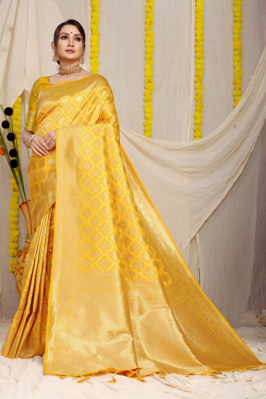 Excellent Yellow Soft Banarasi Silk Saree With Bewitching Blouse Piece