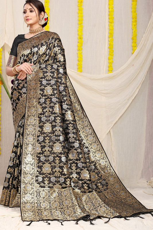 Gleaming Black Banarasi Silk Saree With Fairytale Blouse Piece
