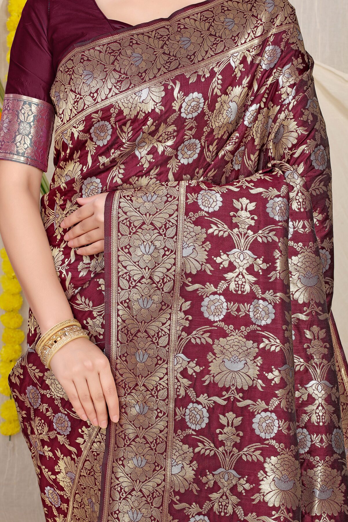 Ethnic Wine Banarasi Silk Saree With Fairytale Blouse Piece