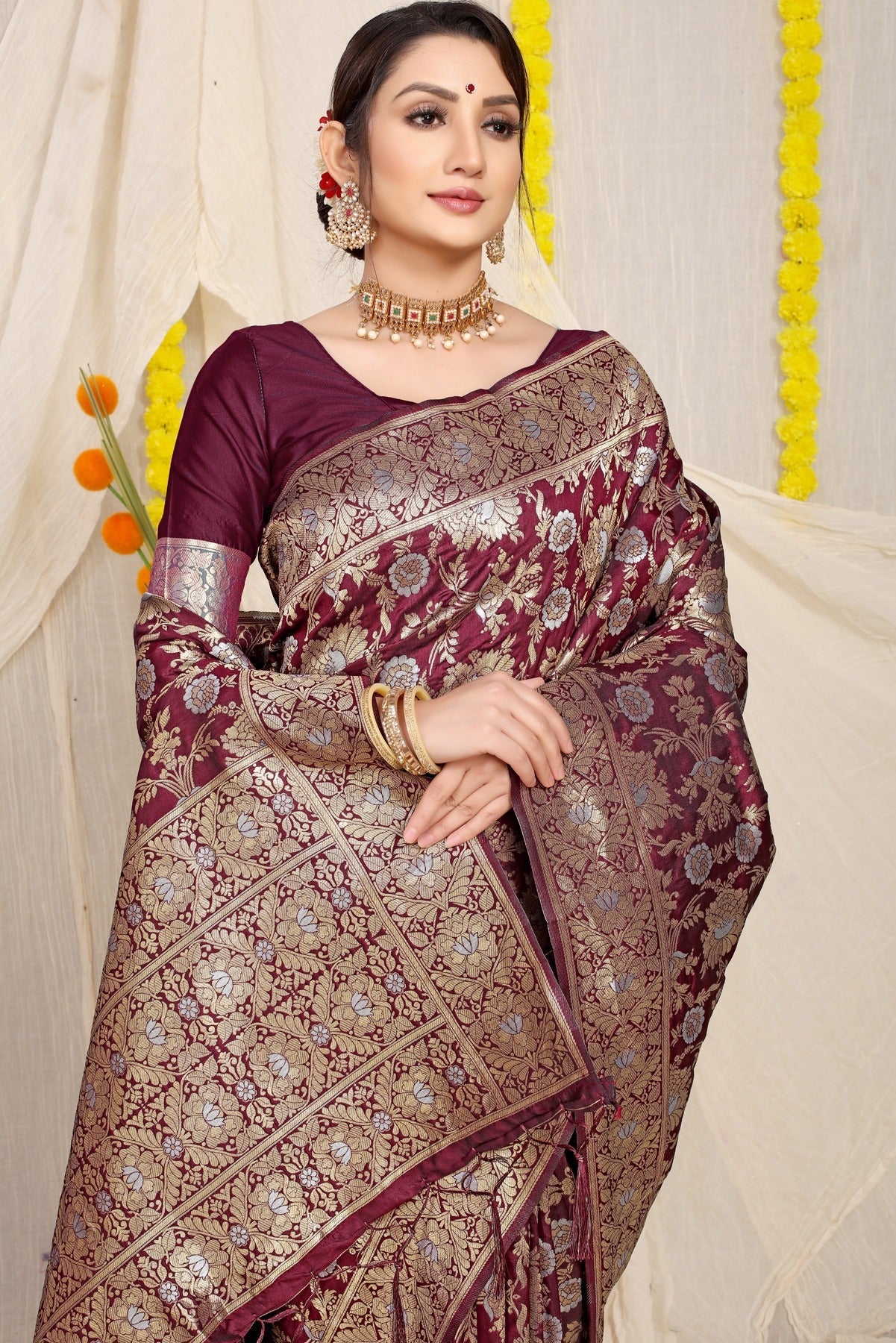 Ethnic Wine Banarasi Silk Saree With Fairytale Blouse Piece