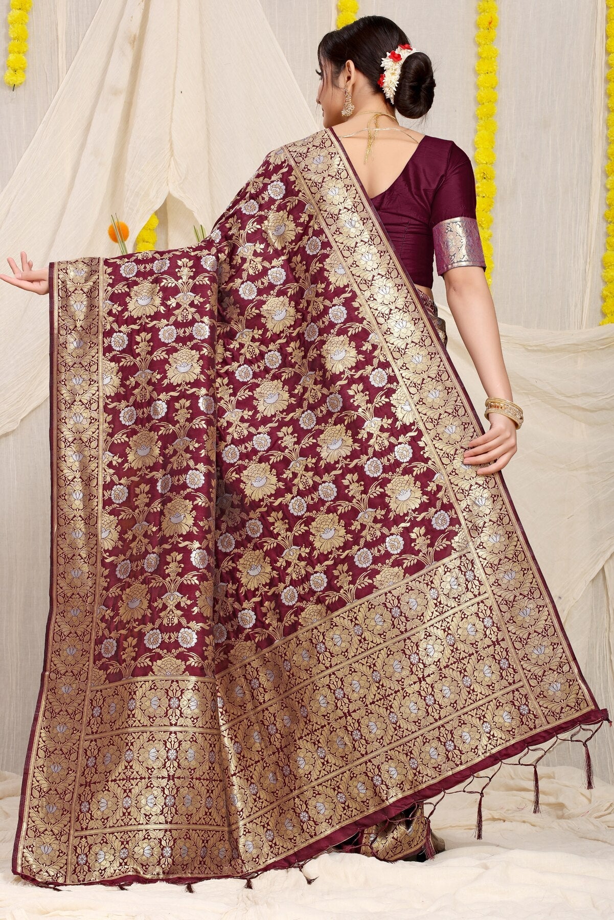 Ethnic Wine Banarasi Silk Saree With Fairytale Blouse Piece