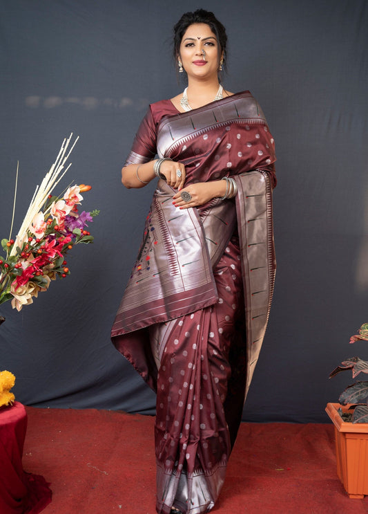 Lovely Brown Paithani Silk Saree With Magnetic Blouse Piece