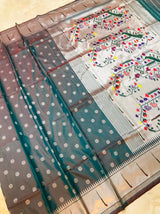 Amazing Grey Paithani Silk Saree With Magnetic Blouse Piece