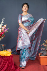 Amazing Grey Paithani Silk Saree With Magnetic Blouse Piece