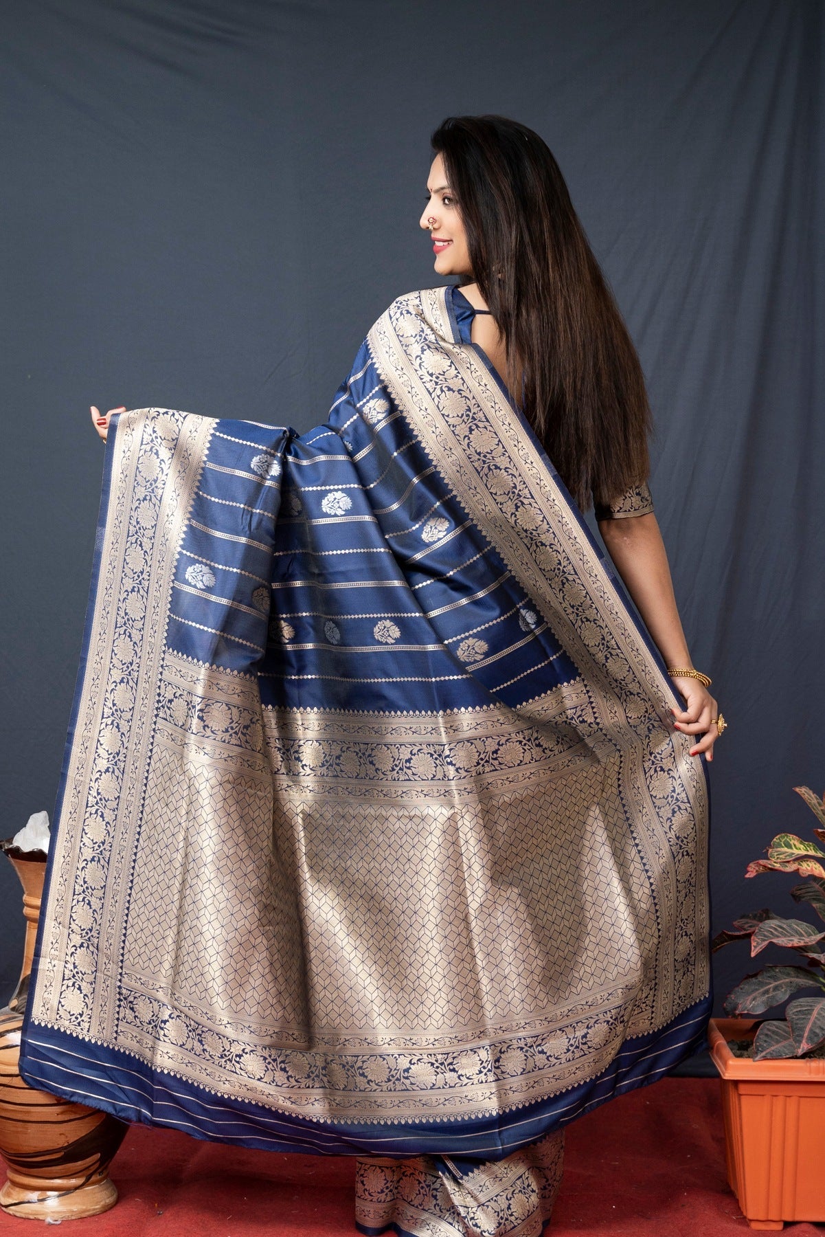 Gleaming Navy Blue Banarasi Silk Saree With Pretty Blouse Piece