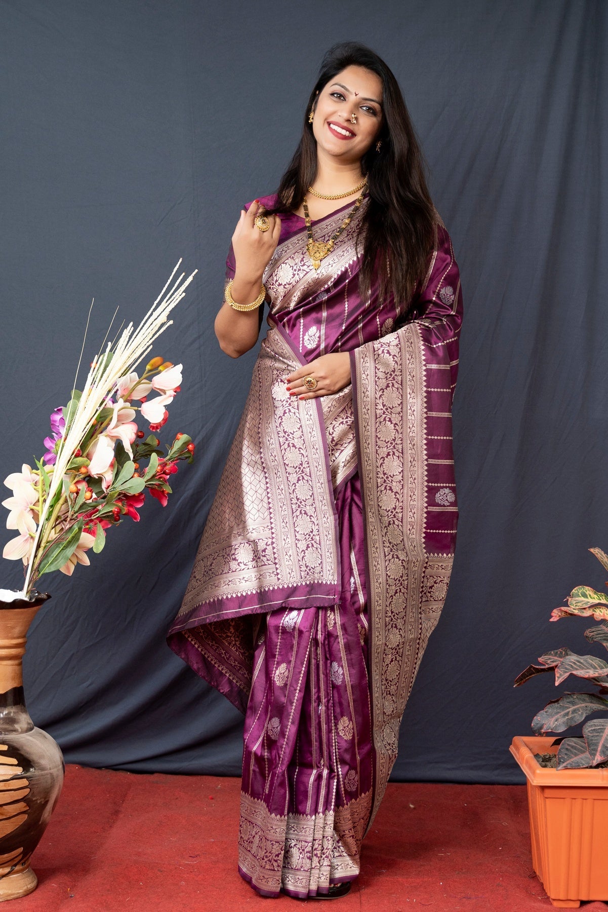 Attractive Purple Banarasi Silk Saree With Pretty Blouse Piece