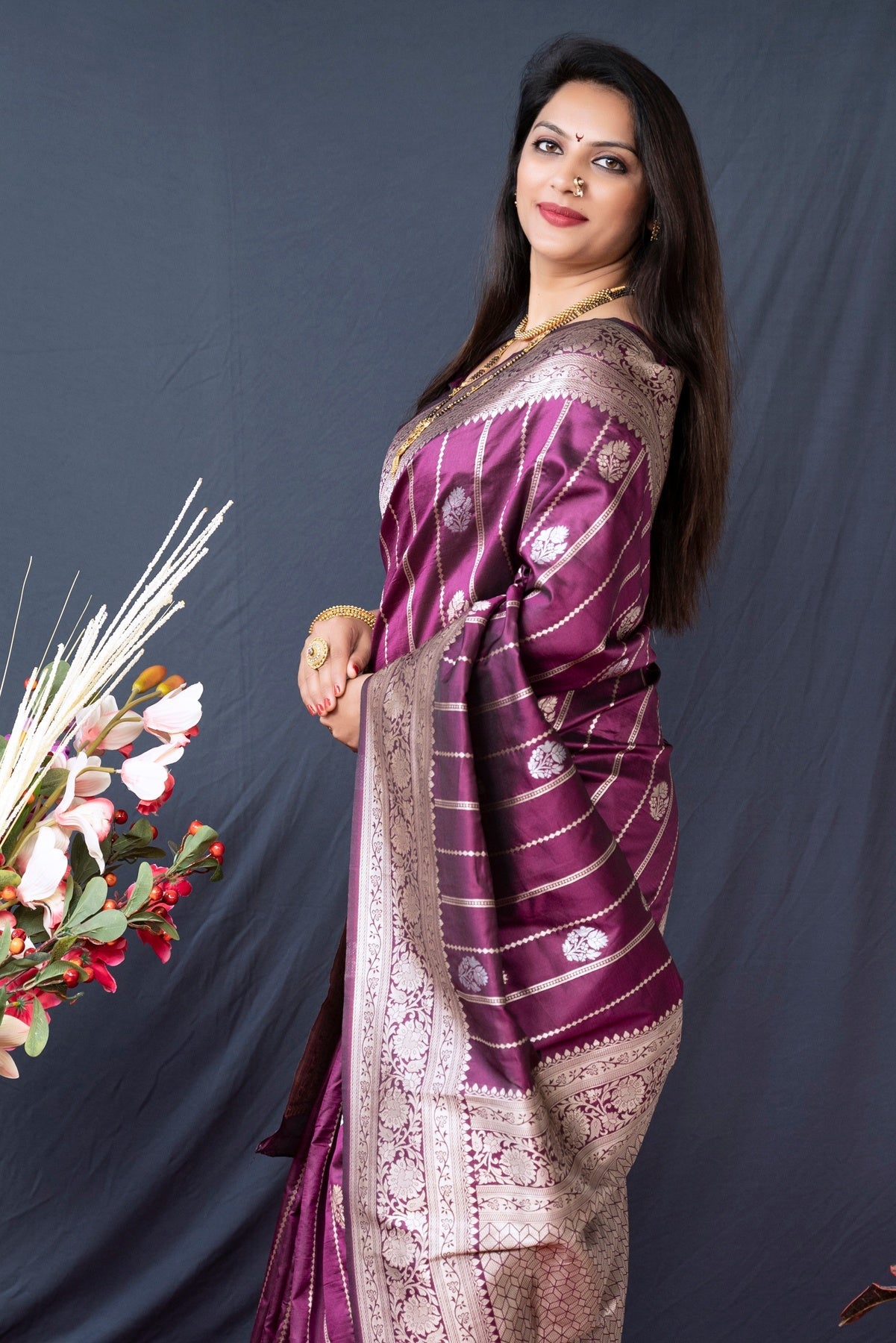 Attractive Purple Banarasi Silk Saree With Pretty Blouse Piece