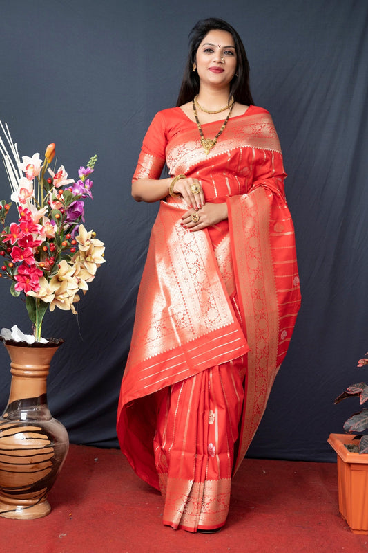 Flaunt Red Banarasi Silk Saree With Pretty Blouse Piece