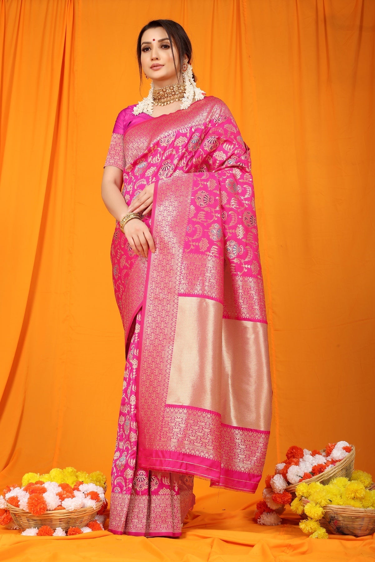 Gossamer Dark Pink Kanjivaram Silk With Hypnotic Blouse Piece