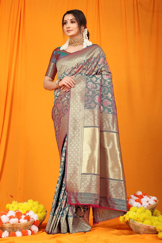 Imbrication Grey Kanjivaram Silk With Hypnotic Blouse Piece
