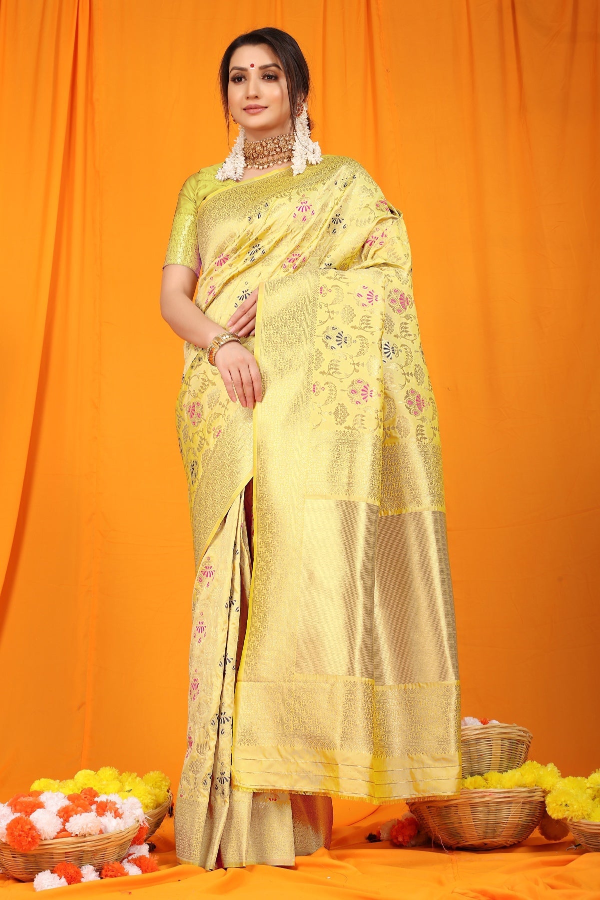 Lagniappe Lemon Kanjivaram Silk With Hypnotic Blouse Piece