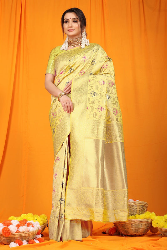 Lagniappe Lemon Kanjivaram Silk With Hypnotic Blouse Piece