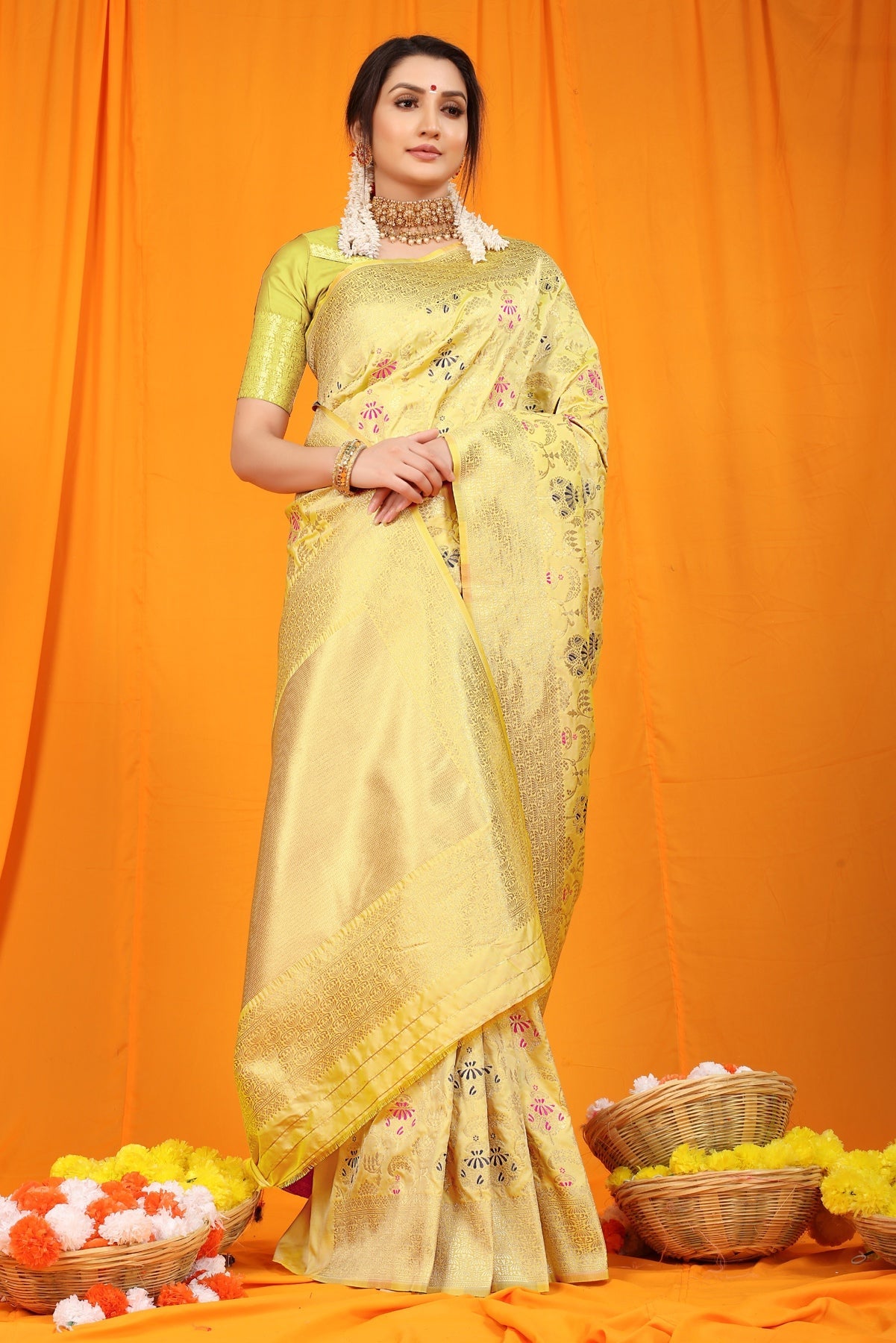 Lagniappe Lemon Kanjivaram Silk With Hypnotic Blouse Piece