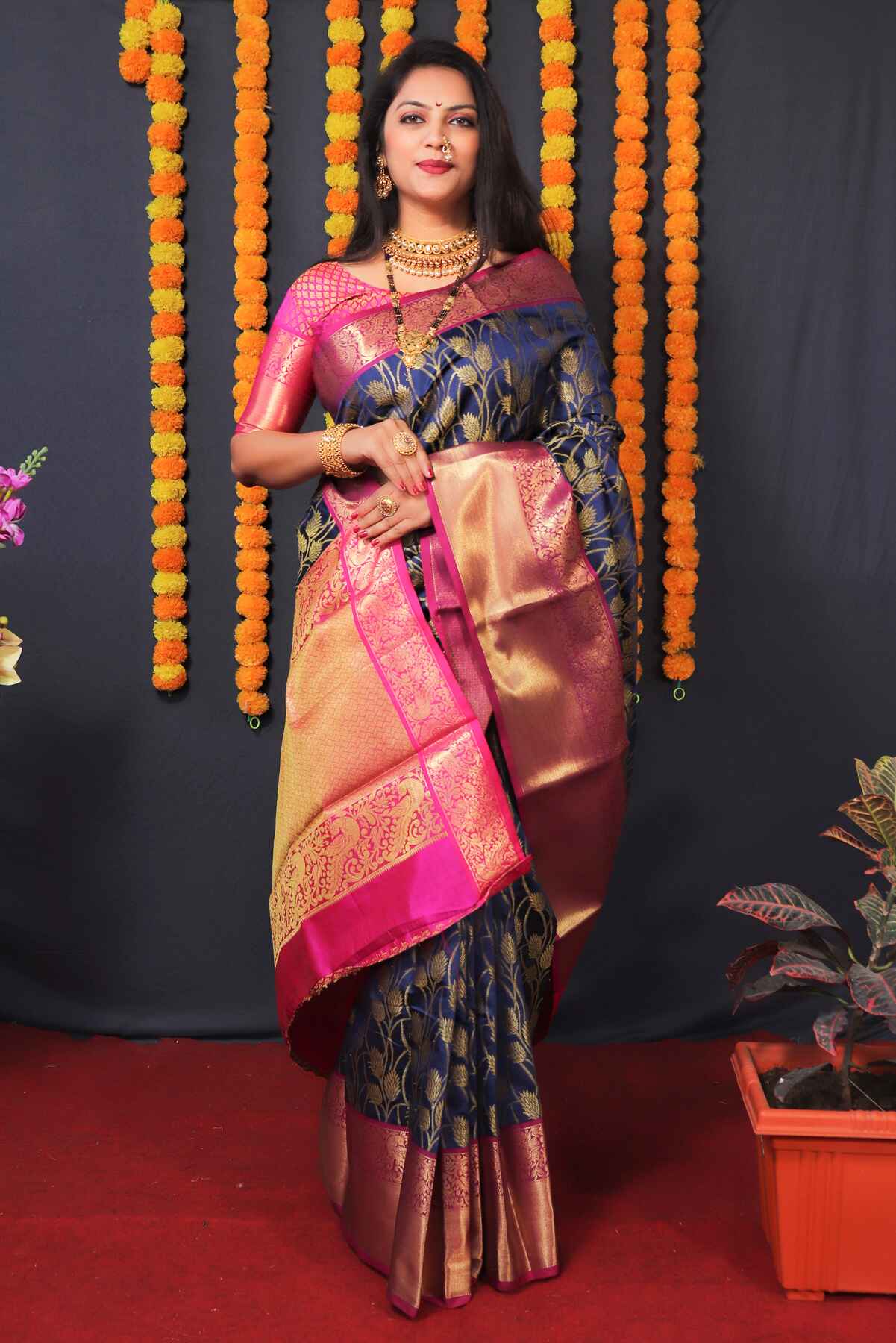 Radiant Navy Blue Kanjivaram Silk With Redolent Blouse Piece