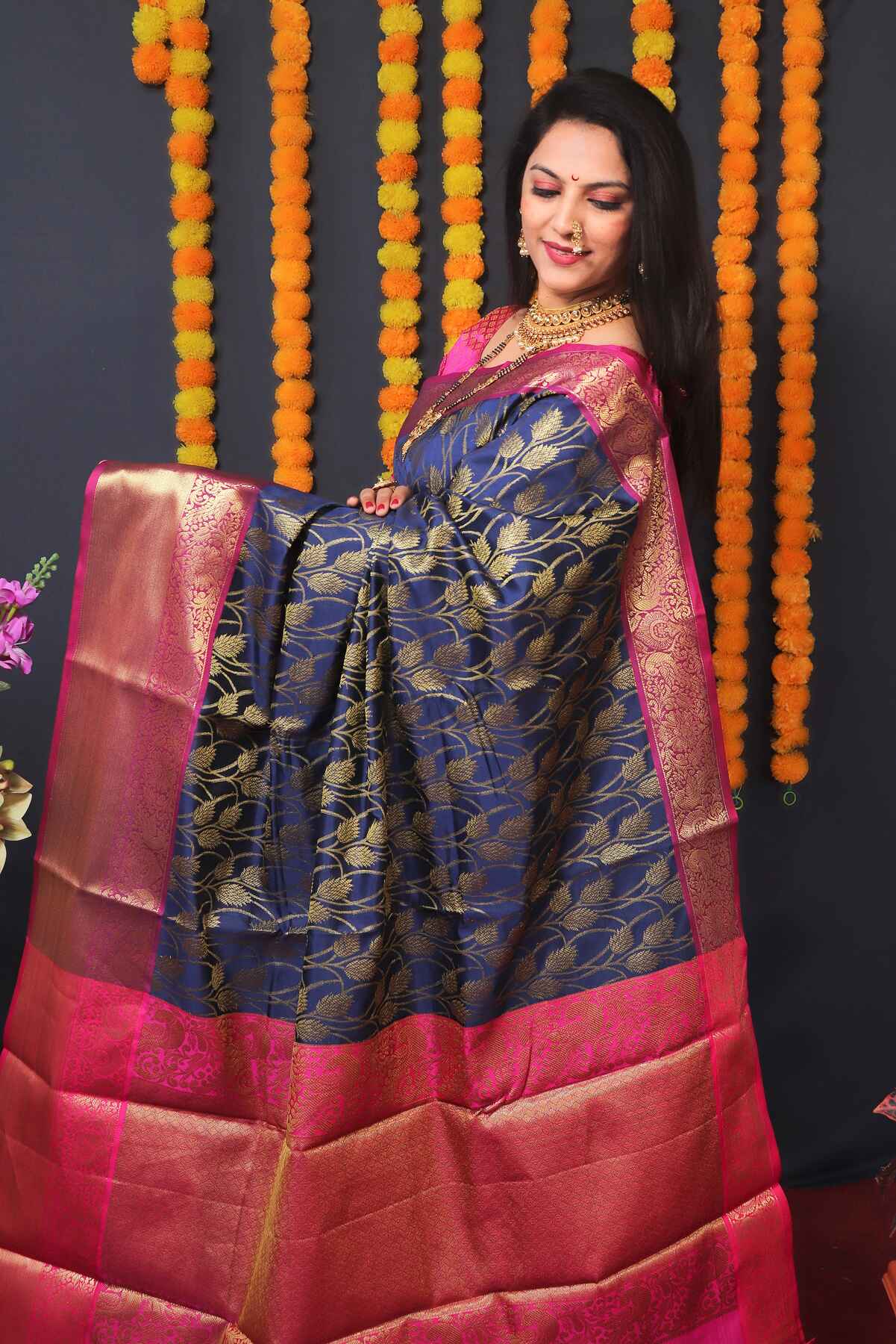 Radiant Navy Blue Kanjivaram Silk With Redolent Blouse Piece