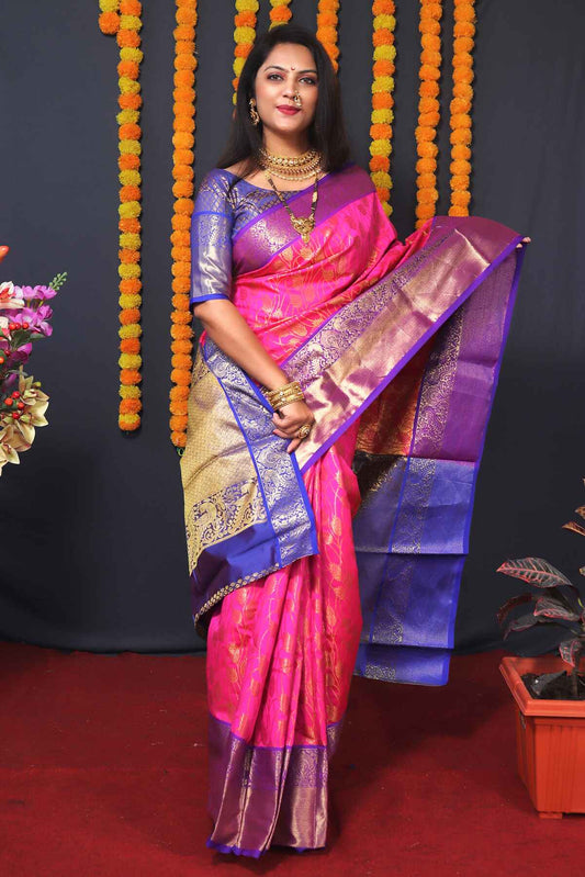 Groovy Pink Kanjivaram Silk With Redolent Blouse Piece